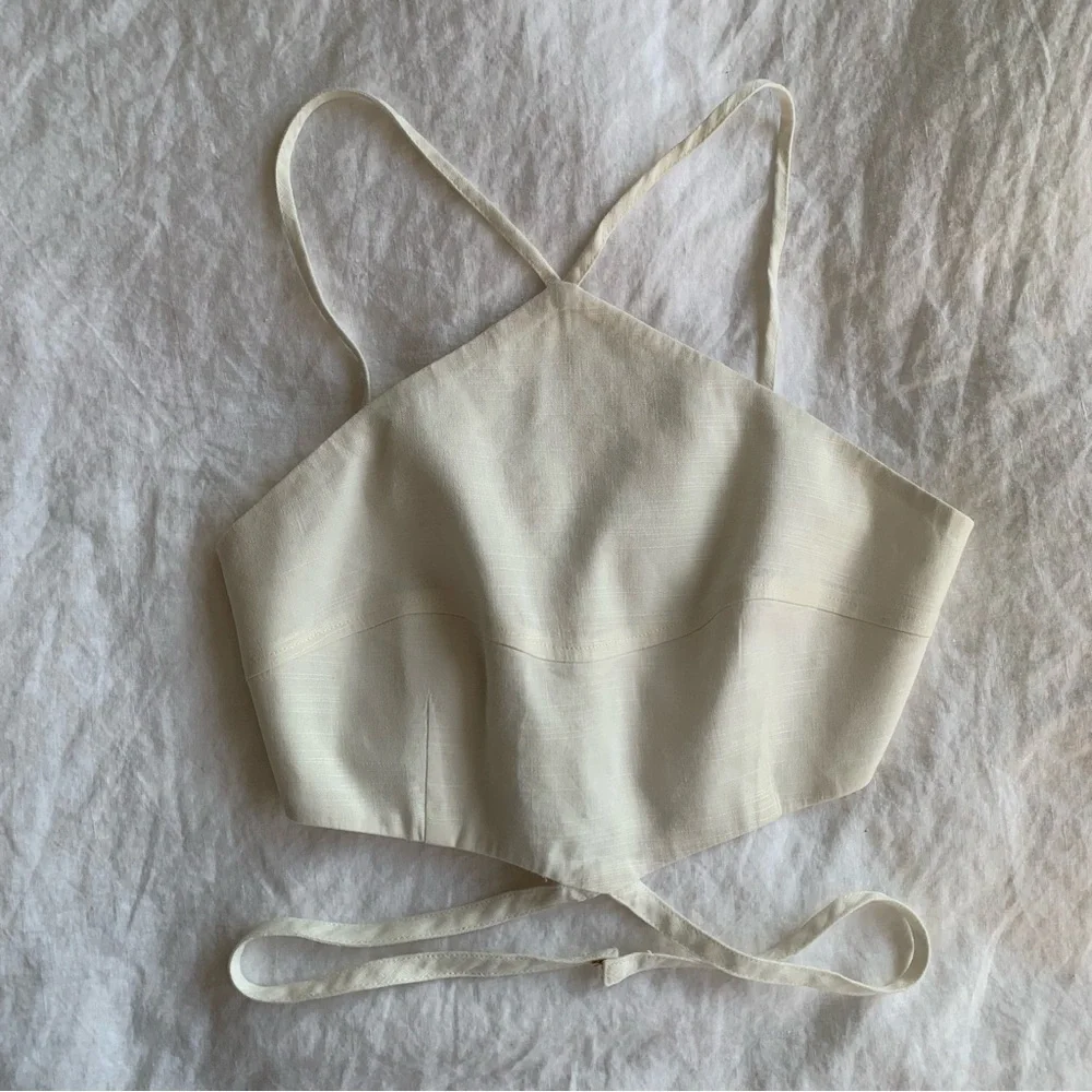 Cult Gaia Drew Linen Strappy Halter Criss Cross Blouse Crop Tie Top Off White